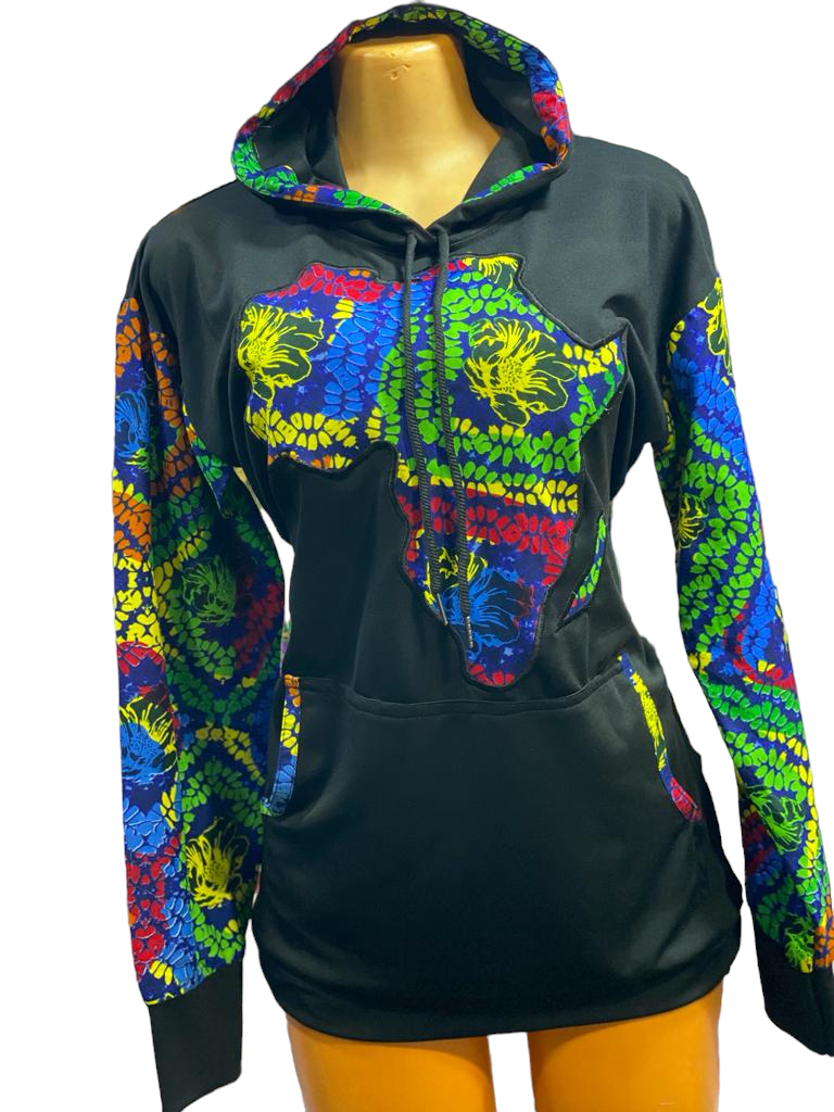 Black Hoodie with map of Africa shape and Ankara sleeve