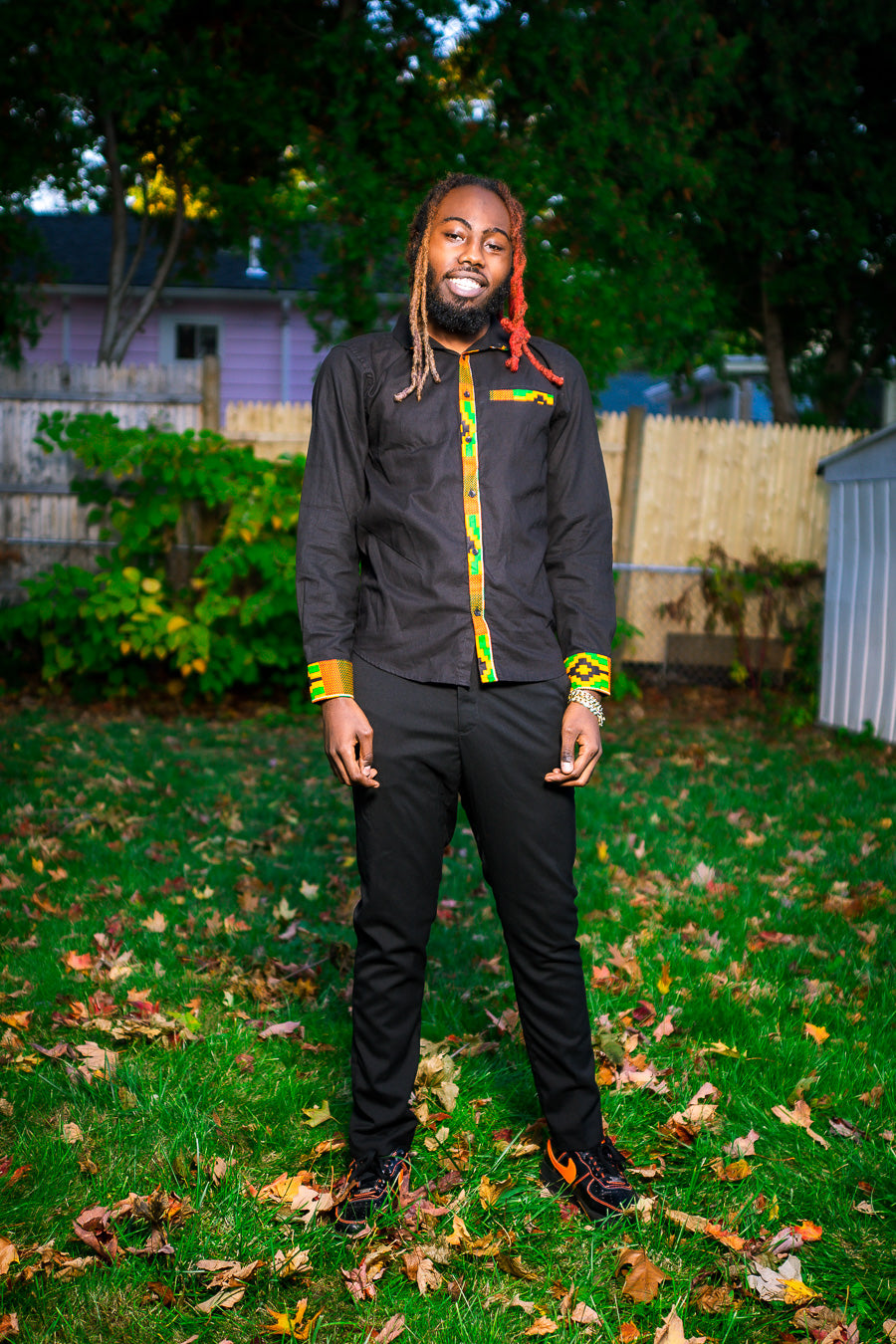 Orange Kente Trim Men Dress Shirt